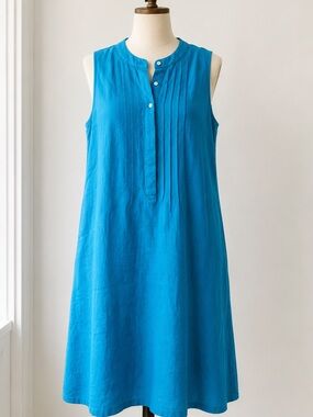 J Jill Love Linen Dress Medium Blue Sleeveless 100% Linen Pintuck Shift Midi